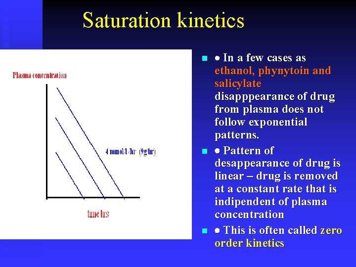 Saturation kinetics n n n In a few cases as ethanol, phynytoin and salicylate