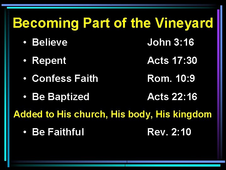 Becoming Part of the Vineyard • Believe John 3: 16 • Repent Acts 17: