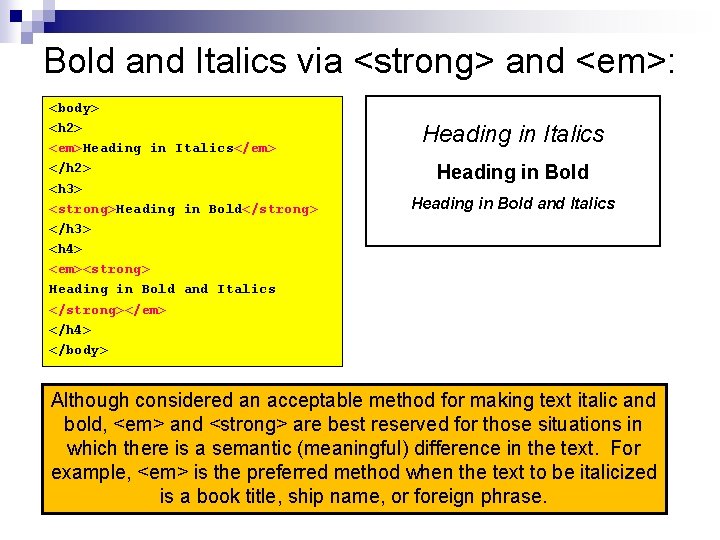 Bold and Italics via <strong> and <em>: <body> <h 2> <em>Heading in Italics</em> </h