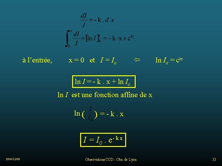 à l’entrée, x = 0 et I = Io ln Io = cte ln