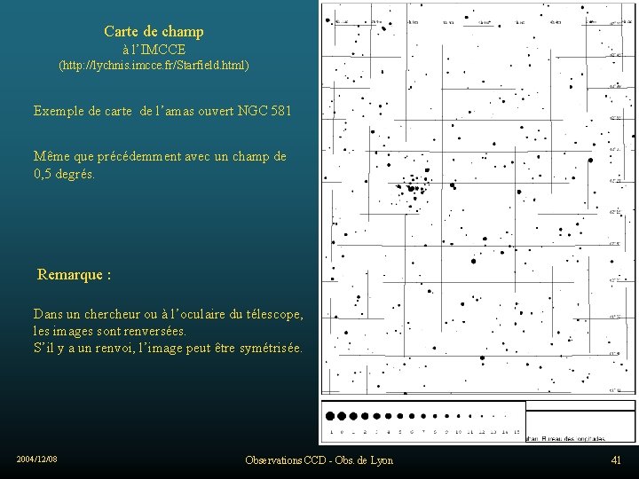 Carte de champ à l’IMCCE (http: //lychnis. imcce. fr/Starfield. html) Exemple de carte de
