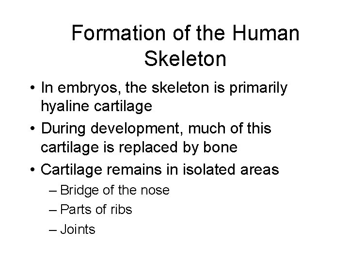 Formation of the Human Skeleton • In embryos, the skeleton is primarily hyaline cartilage