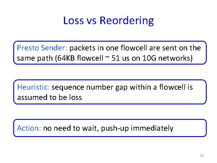 Loss vs Reordering Presto Sender: packets in one flowcell are sent on the same