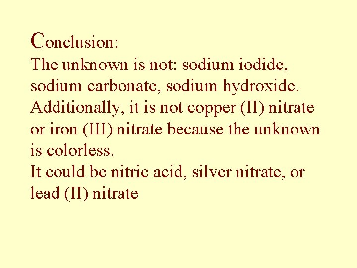 Conclusion: The unknown is not: sodium iodide, sodium carbonate, sodium hydroxide. Additionally, it is