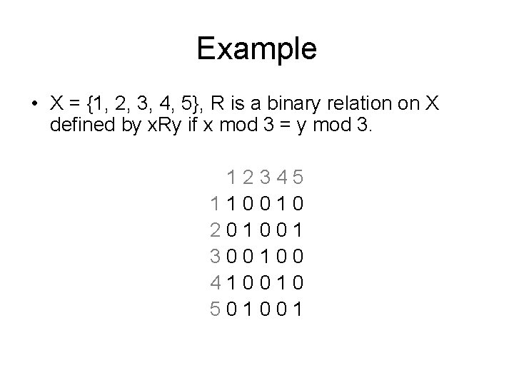 Example • X = {1, 2, 3, 4, 5}, R is a binary relation Example • X = {1, 2, 3, 4, 5}, R is a binary relation