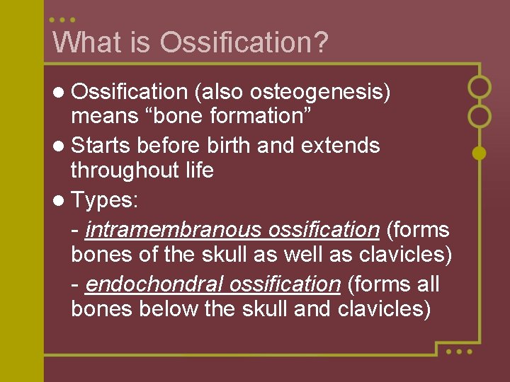 What is Ossification? l Ossification (also osteogenesis) means “bone formation” l Starts before birth