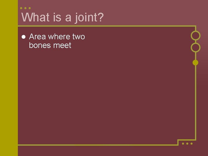 What is a joint? l Area where two bones meet 