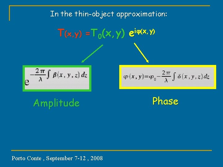 In the thin-object approximation: T(x, y) =T 0(x, y) eij(x, y) Amplitude Porto Conte