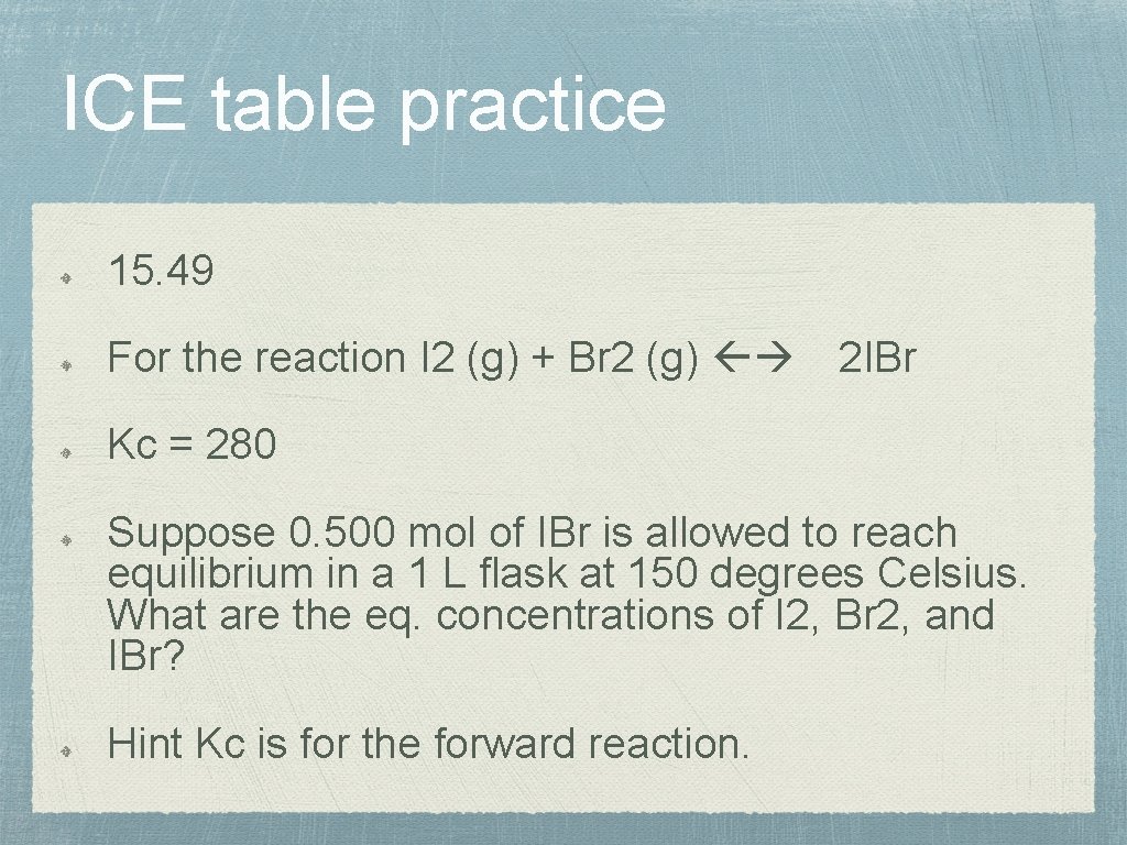 ICE table practice 15. 49 For the reaction I 2 (g) + Br 2