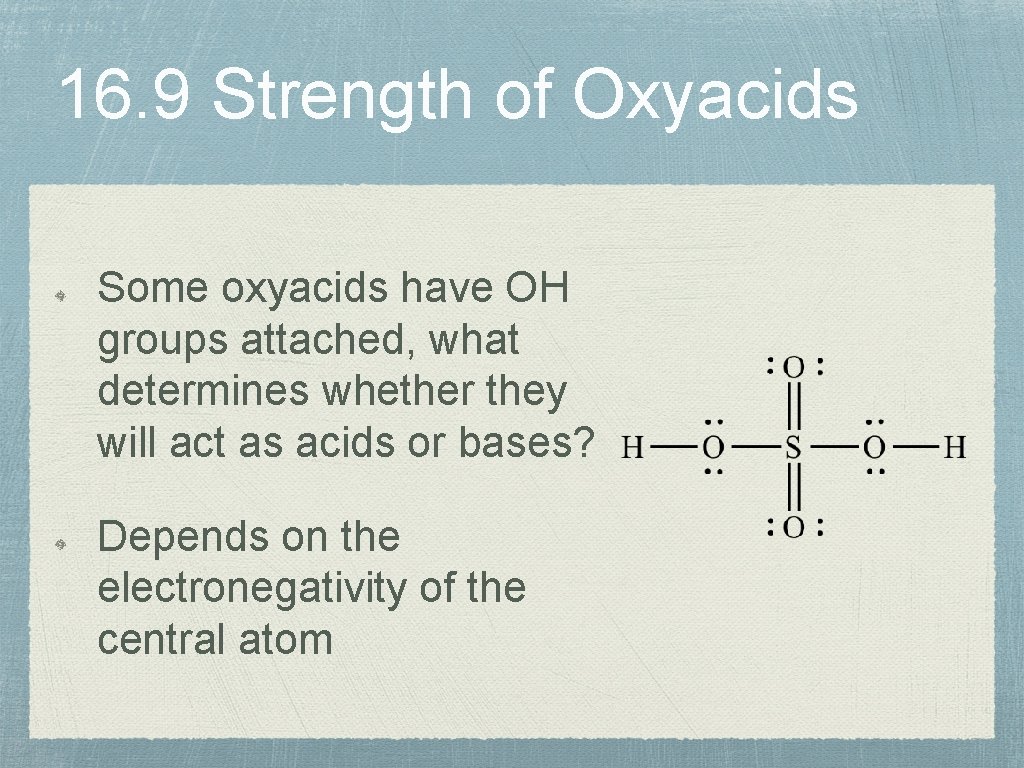 16. 9 Strength of Oxyacids Some oxyacids have OH groups attached, what determines whether