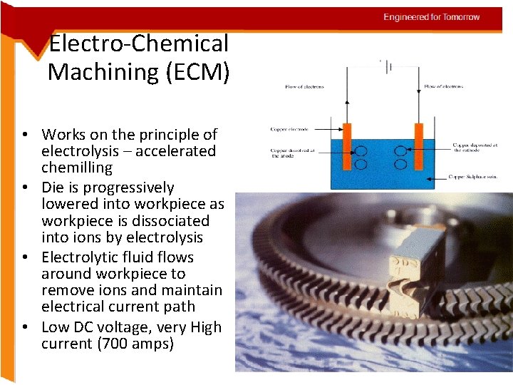Electro-Chemical Machining (ECM) • Works on the principle of electrolysis – accelerated chemilling •