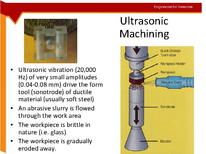 Ultrasonic Machining • Ultrasonic vibration (20, 000 Hz) of very small amplitudes (0. 04