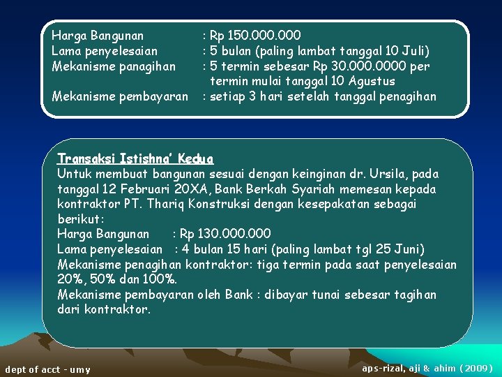 Harga Bangunan Lama penyelesaian Mekanisme panagihan Mekanisme pembayaran : Rp 150. 000 : 5