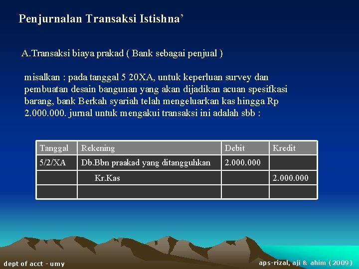Penjurnalan Transaksi Istishna’ A. Transaksi biaya prakad ( Bank sebagai penjual ) misalkan :