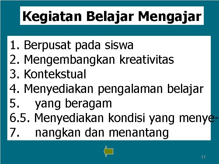 Kegiatan Belajar Mengajar 1. Berpusat pada siswa 2. Mengembangkan kreativitas 3. Kontekstual 4. Menyediakan