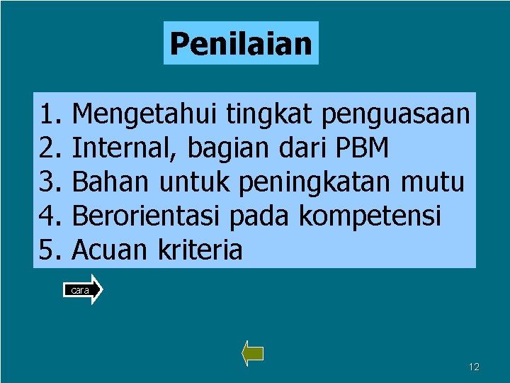 Penilaian 1. 2. 3. 4. 5. Mengetahui tingkat penguasaan Internal, bagian dari PBM Bahan