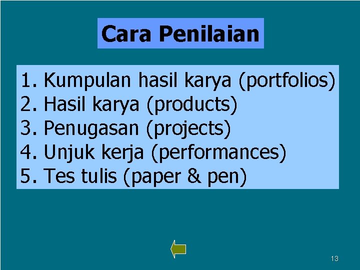 Cara Penilaian 1. 2. 3. 4. 5. Kumpulan hasil karya (portfolios) Hasil karya (products)