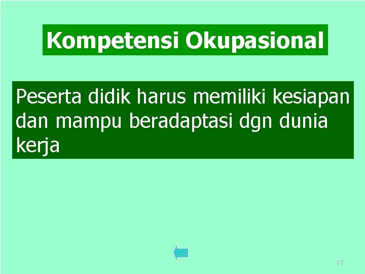 Kompetensi Okupasional Peserta didik harus memiliki kesiapan dan mampu beradaptasi dgn dunia kerja 17