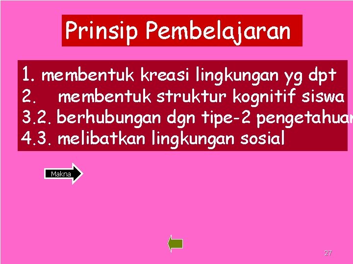 Prinsip Pembelajaran 1. membentuk kreasi lingkungan yg dpt 2. membentuk struktur kognitif siswa 3.