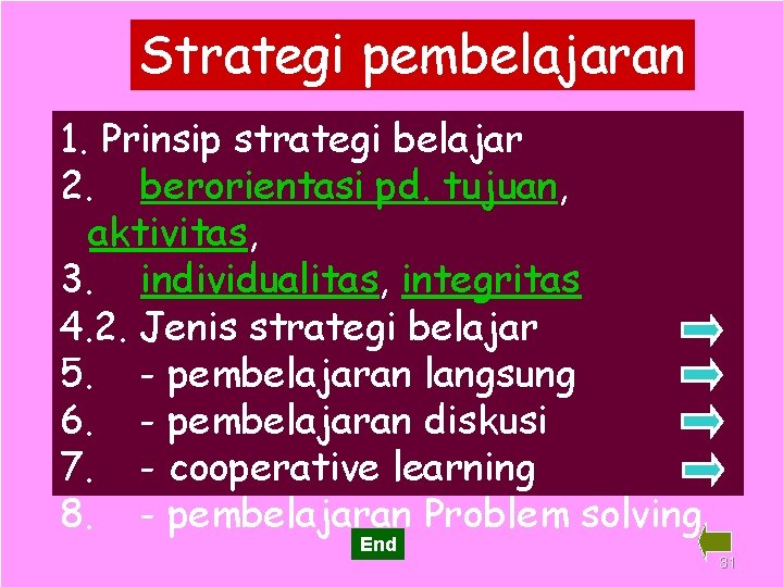 Strategi pembelajaran 1. Prinsip strategi belajar 2. berorientasi pd. tujuan, aktivitas, 3. individualitas, integritas