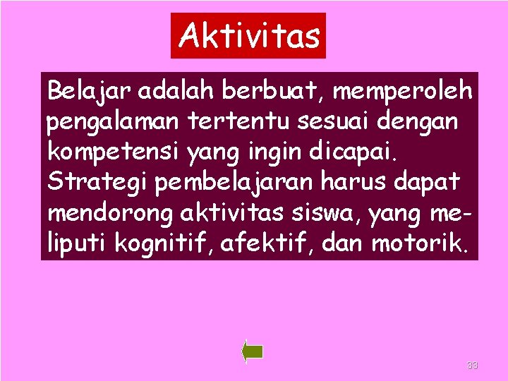 Aktivitas Belajar adalah berbuat, memperoleh pengalaman tertentu sesuai dengan kompetensi yang ingin dicapai. Strategi