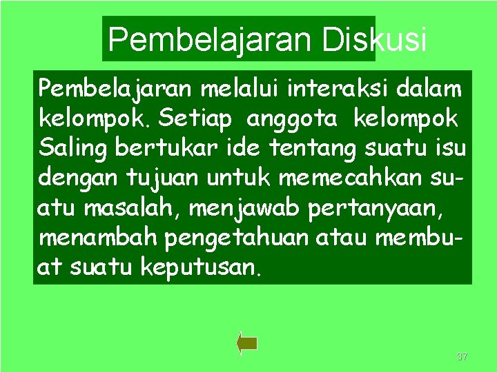 Pembelajaran Diskusi Pembelajaran melalui interaksi dalam kelompok. Setiap anggota kelompok Saling bertukar ide tentang