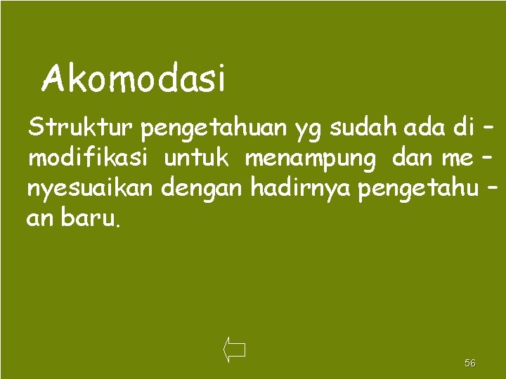 Akomodasi Struktur pengetahuan yg sudah ada di – modifikasi untuk menampung dan me –