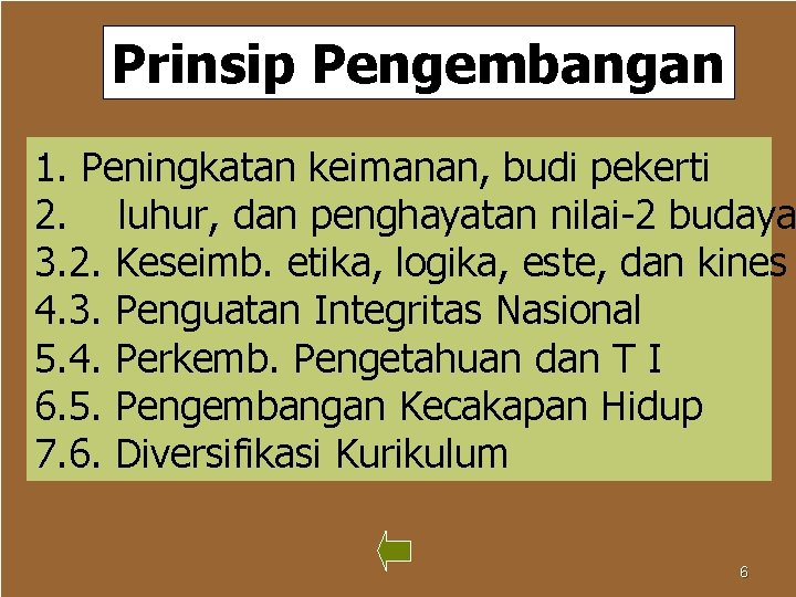 Prinsip Pengembangan 1. Peningkatan keimanan, budi pekerti 2. luhur, dan penghayatan nilai-2 budaya 3.