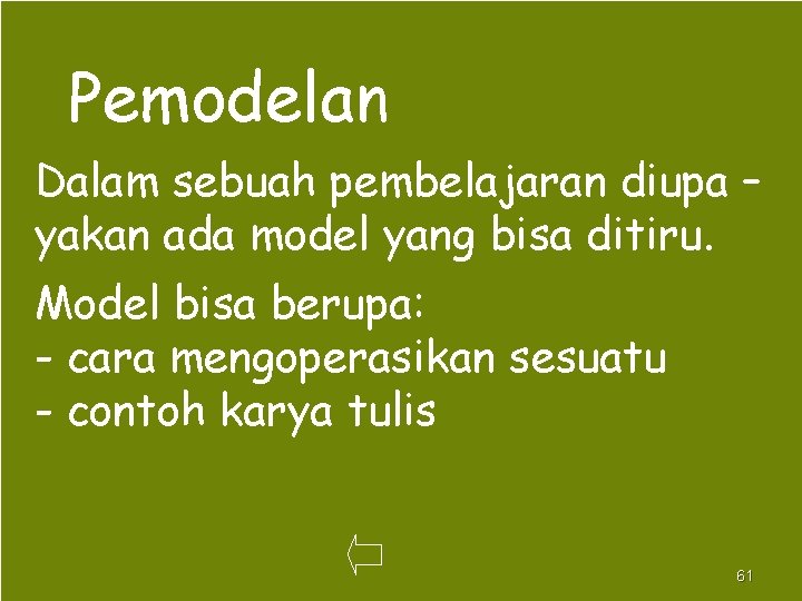 Pemodelan Dalam sebuah pembelajaran diupa – yakan ada model yang bisa ditiru. Model bisa