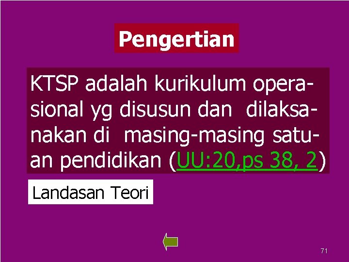 Pengertian KTSP adalah kurikulum operasional yg disusun dan dilaksanakan di masing-masing satuan pendidikan (UU: