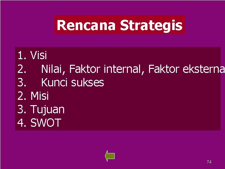 Rencana Strategis 1. Visi 2. Nilai, Faktor internal, Faktor eksterna 3. Kunci sukses 2.