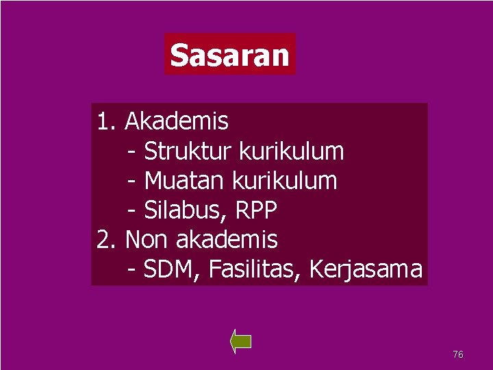 Sasaran 1. Akademis - Struktur kurikulum - Muatan kurikulum - Silabus, RPP 2. Non
