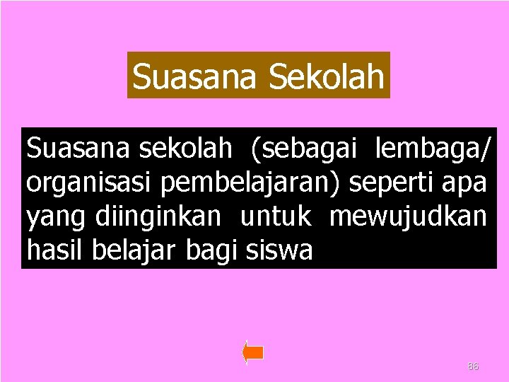 Suasana Sekolah Suasana sekolah (sebagai lembaga/ organisasi pembelajaran) seperti apa yang diinginkan untuk mewujudkan