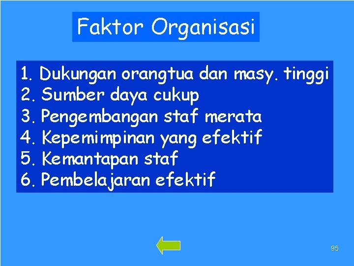 Faktor Organisasi 1. Dukungan orangtua dan masy. tinggi 2. Sumber daya cukup 3. Pengembangan