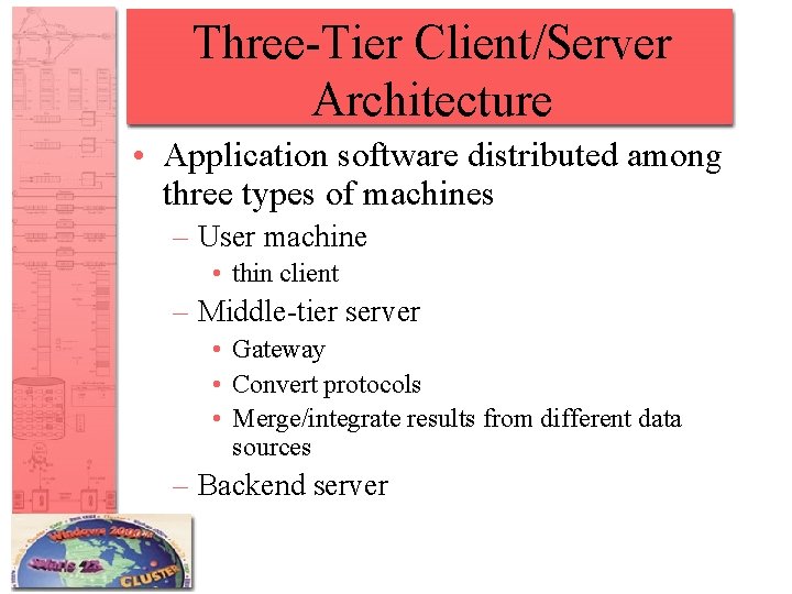 Three-Tier Client/Server Architecture • Application software distributed among three types of machines – User Three-Tier Client/Server Architecture • Application software distributed among three types of machines – User