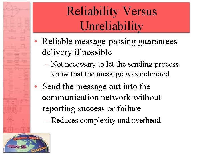 Reliability Versus Unreliability • Reliable message-passing guarantees delivery if possible – Not necessary to Reliability Versus Unreliability • Reliable message-passing guarantees delivery if possible – Not necessary to