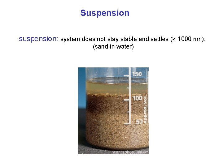 Suspension suspension: system does not stay stable and settles (> 1000 nm). (sand in