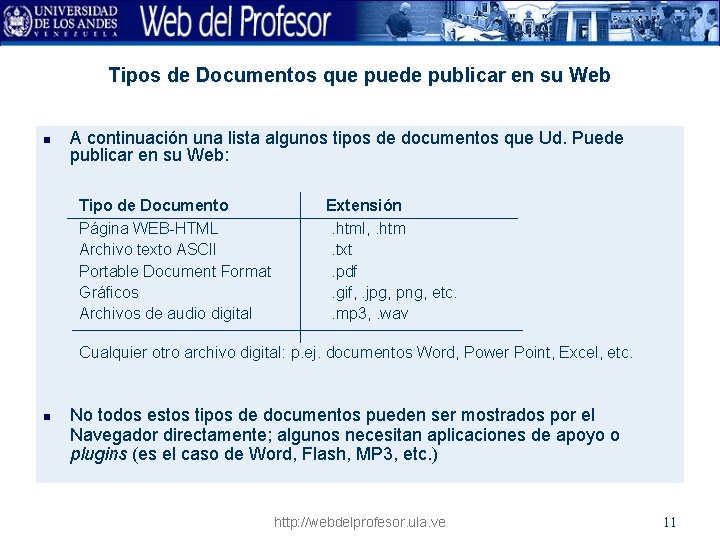 Tipos de Documentos que puede publicar en su Web n A continuación una lista