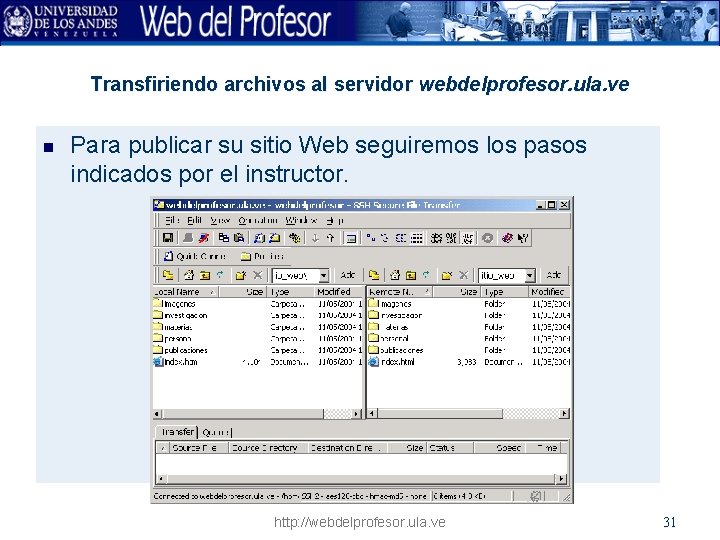 Transfiriendo archivos al servidor webdelprofesor. ula. ve n Para publicar su sitio Web seguiremos