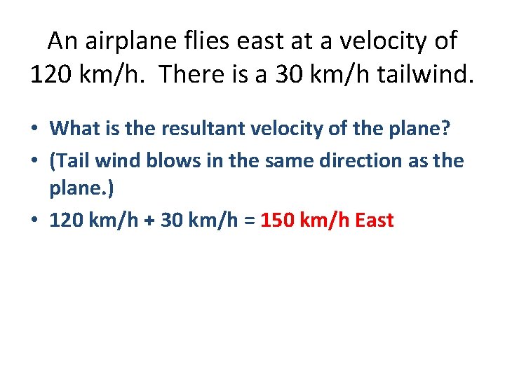 An airplane flies east at a velocity of 120 km/h. There is a 30