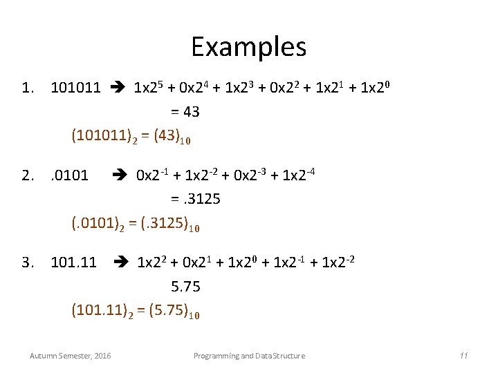 Examples 1. 101011 1 x 25 + 0 x 24 + 1 x 23