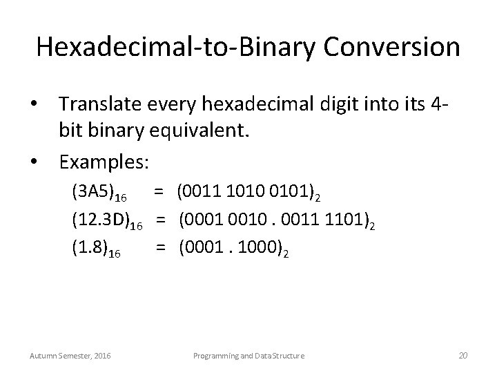 Hexadecimal-to-Binary Conversion • Translate every hexadecimal digit into its 4 bit binary equivalent. •