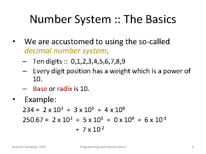 Number System : : The Basics • We are accustomed to using the so-called