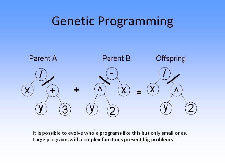 Genetic Programming It is possible to evolve whole programs like this but only small