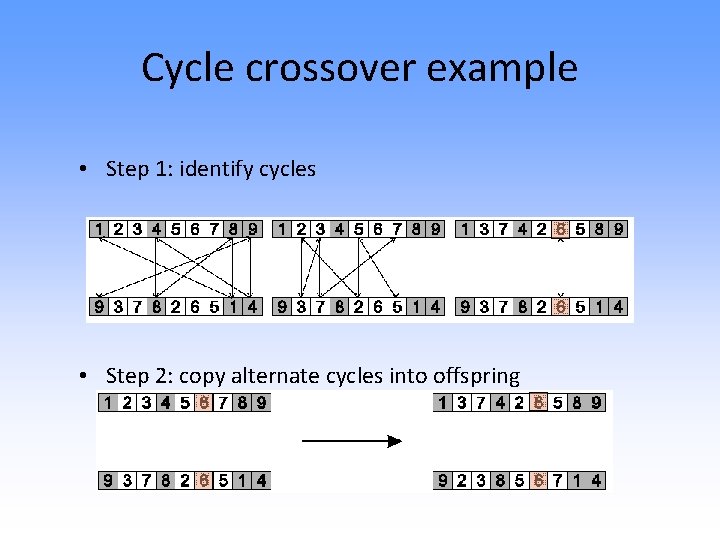 Cycle crossover example • Step 1: identify cycles • Step 2: copy alternate cycles