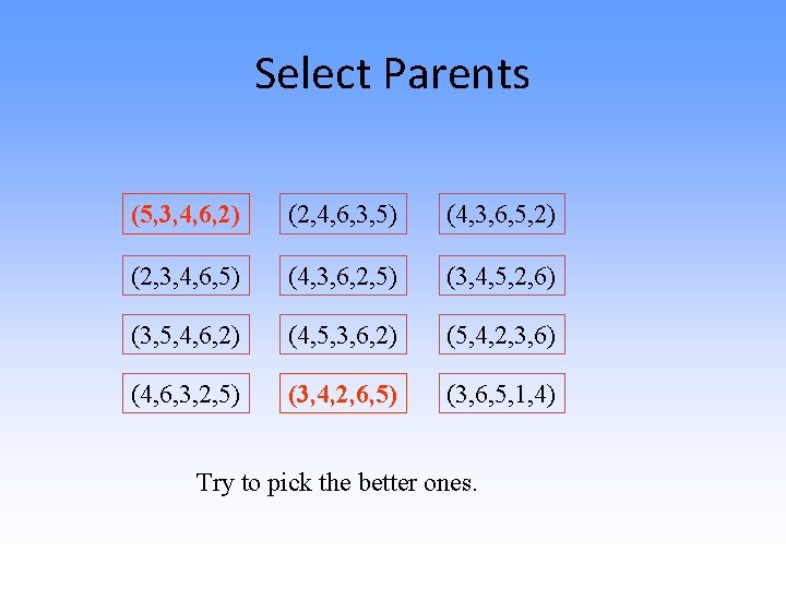 Select Parents (5, 3, 4, 6, 2) (2, 4, 6, 3, 5) (4, 3,