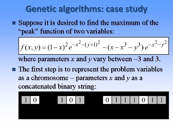 Genetic algorithms: case study n Suppose it is desired to find the maximum of