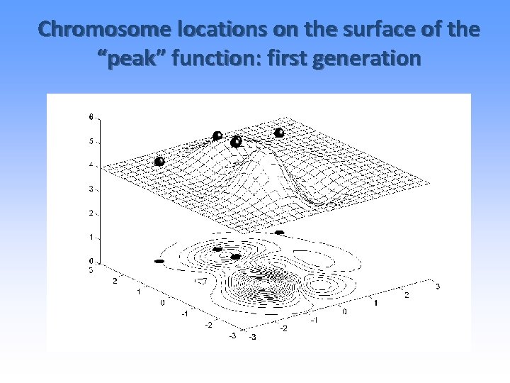 Chromosome locations on the surface of the “peak” function: first generation 