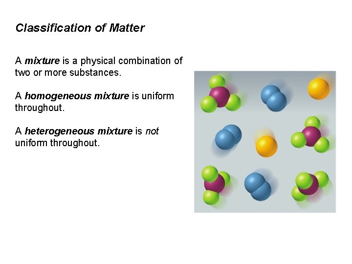 Classification of Matter A mixture is a physical combination of two or more substances.