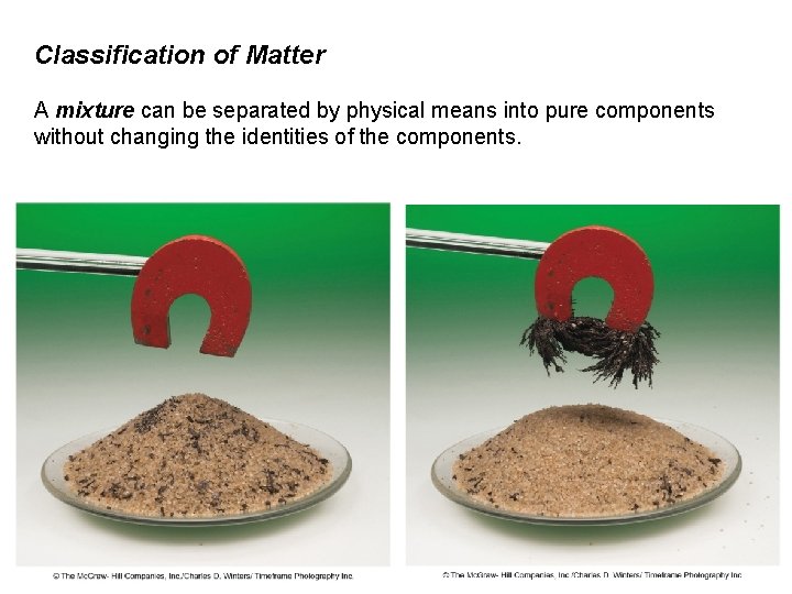 Classification of Matter A mixture can be separated by physical means into pure components
